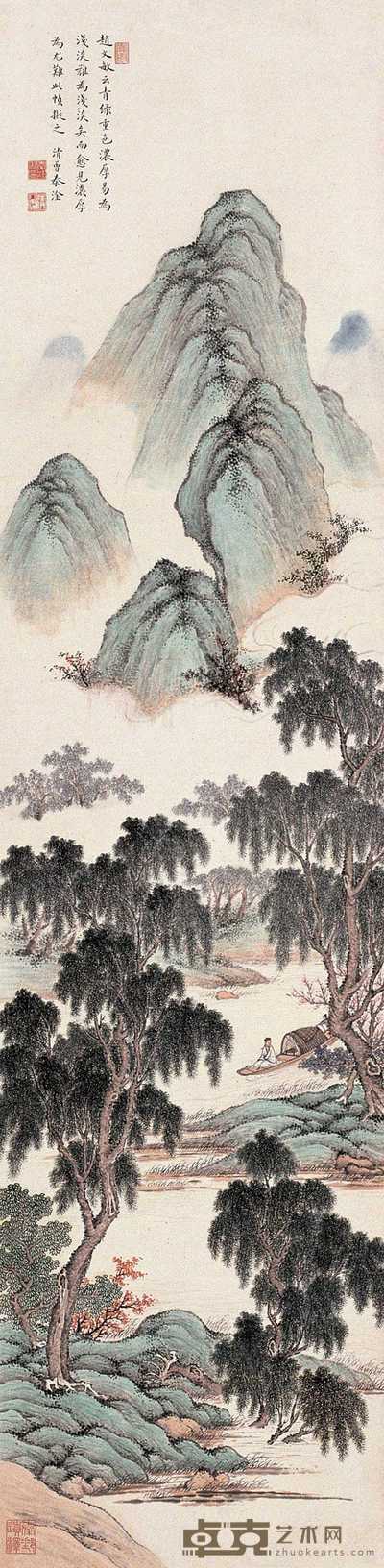 秦淦 春山泛舟图 轴 137×34cm